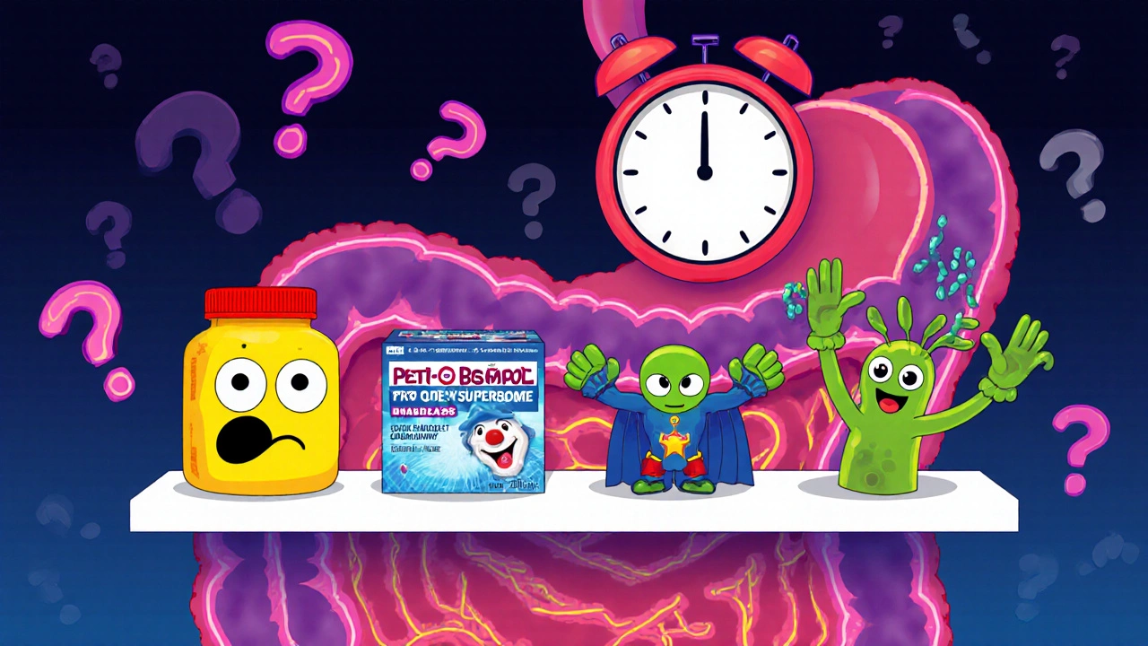 A surreal pharmacy shelf with four diarrhea treatments personified as quirky characters in a digestive tract setting.