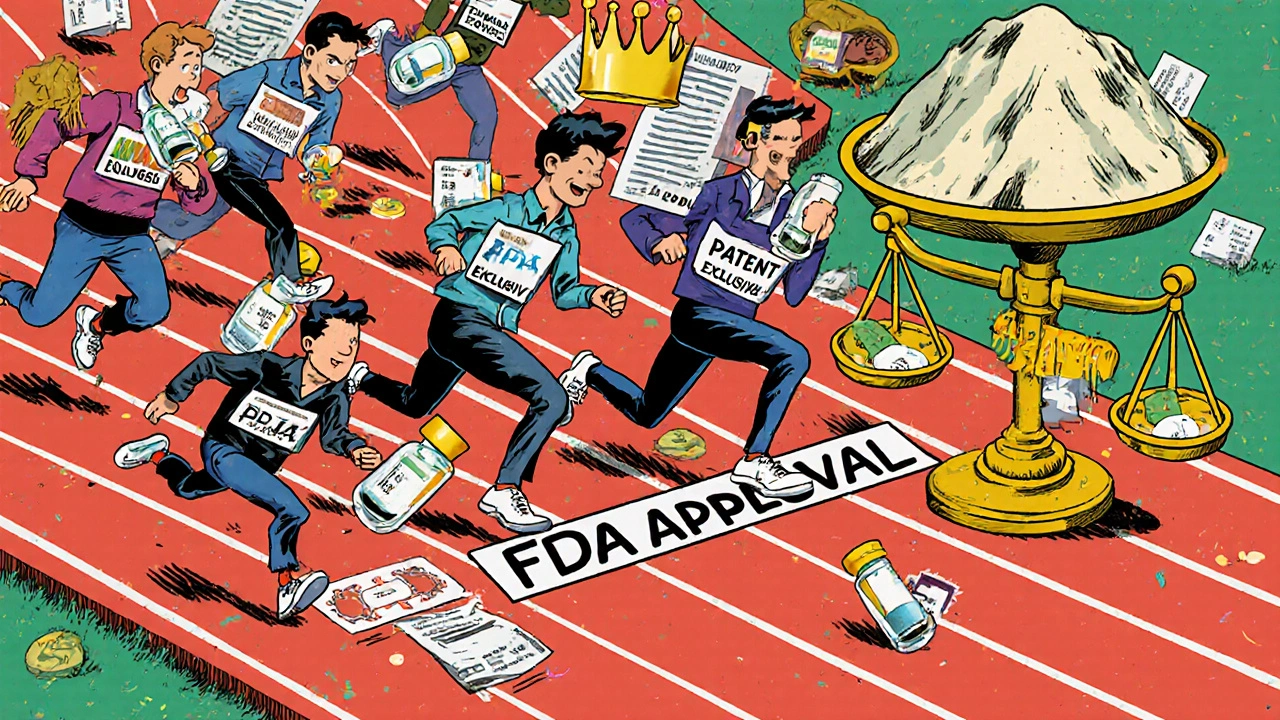 Companies race for FDA approval, only one wins exclusivity while others stumble over patents and price tags.