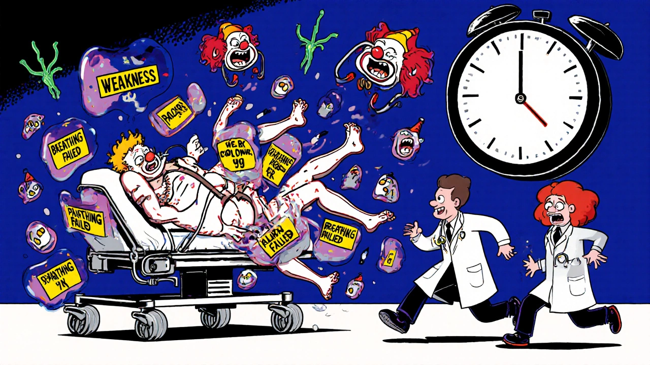 ER scene with morphing limbs, floating antibodies as clowns, and a ticking nerve-clock counting down from 7 days.