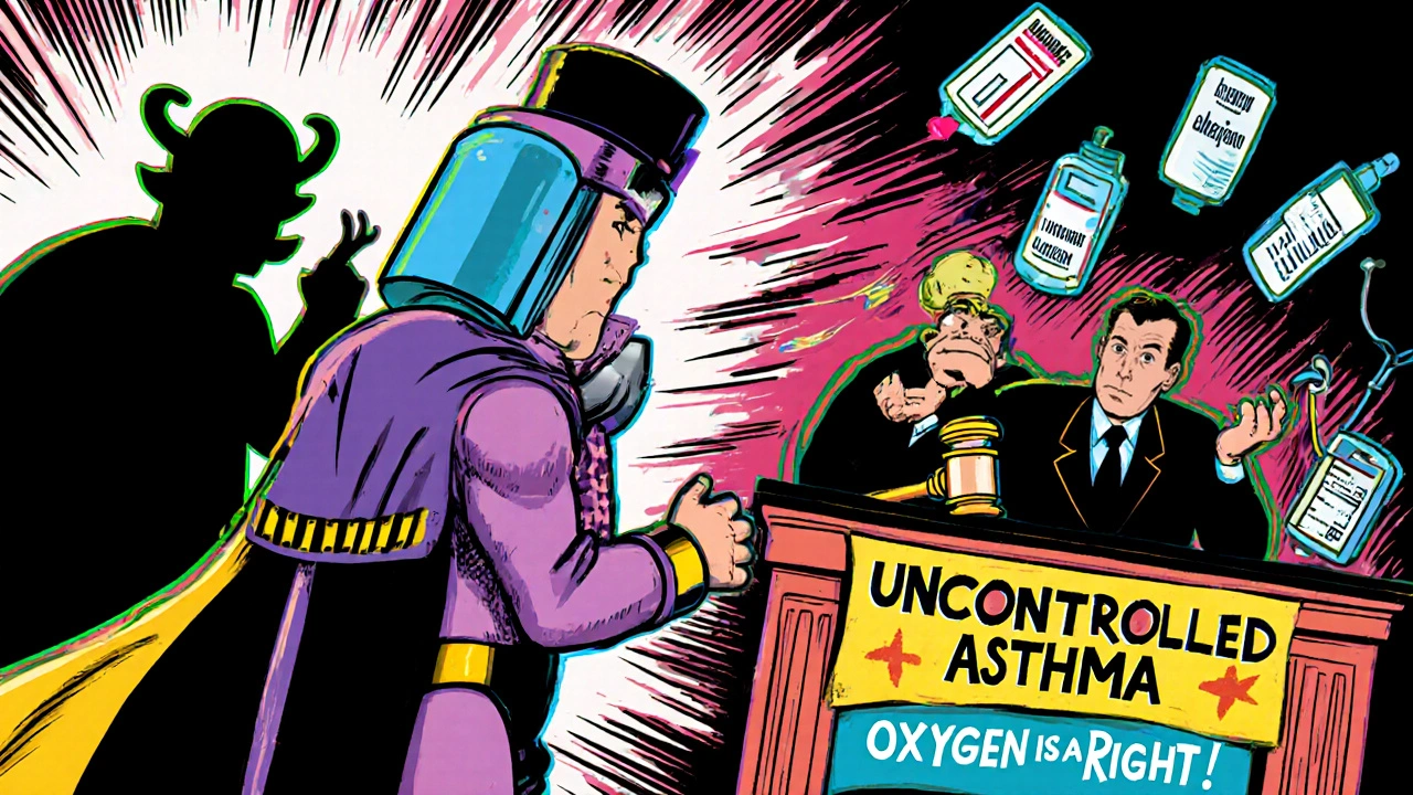 Inhaler superhero defeating &#039;Uncontrolled Asthma&#039; in a cartoon courtroom with medical icons as jury.