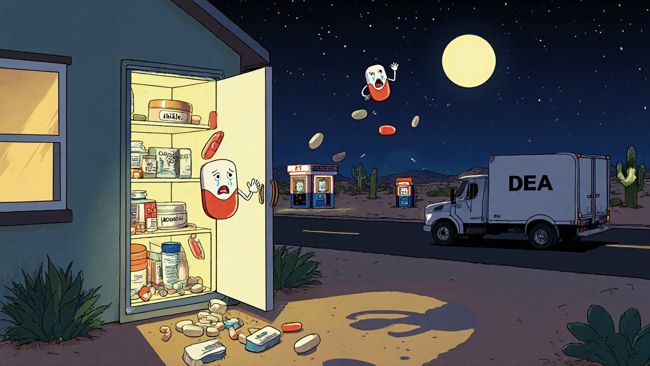 Medication items floating out of a home medicine cabinet toward a mobile DEA collection truck.