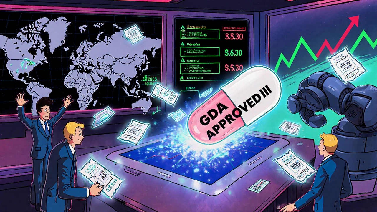 Neon-lit FDA control room with holograms of global drug sites and a robot stamping &#039;APPROVED&#039; on a speeding pill.