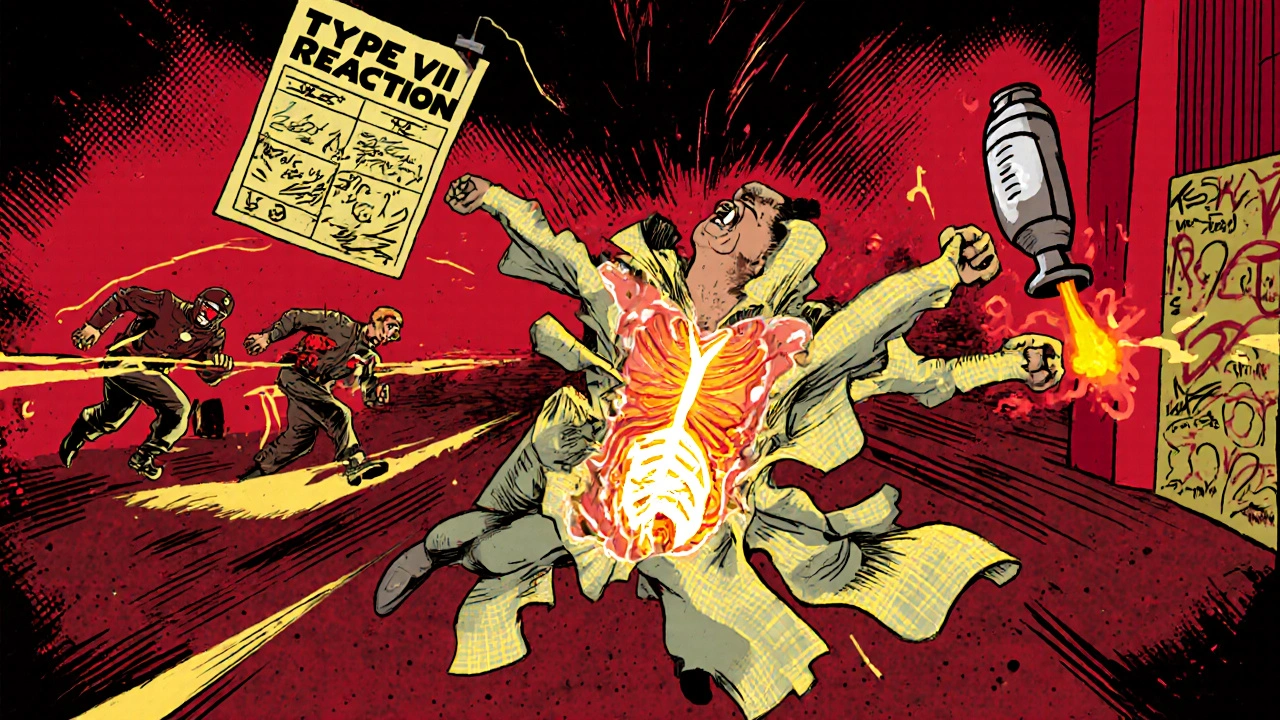 Person&#039;s skin peeling off dramatically as epinephrine injects, medical chart reads &#039;Type VII&#039;.