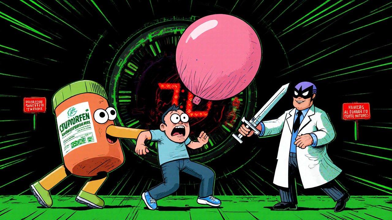 Person being dragged by giant NSAID pills, face swollen, doctor holds steroid syringe.