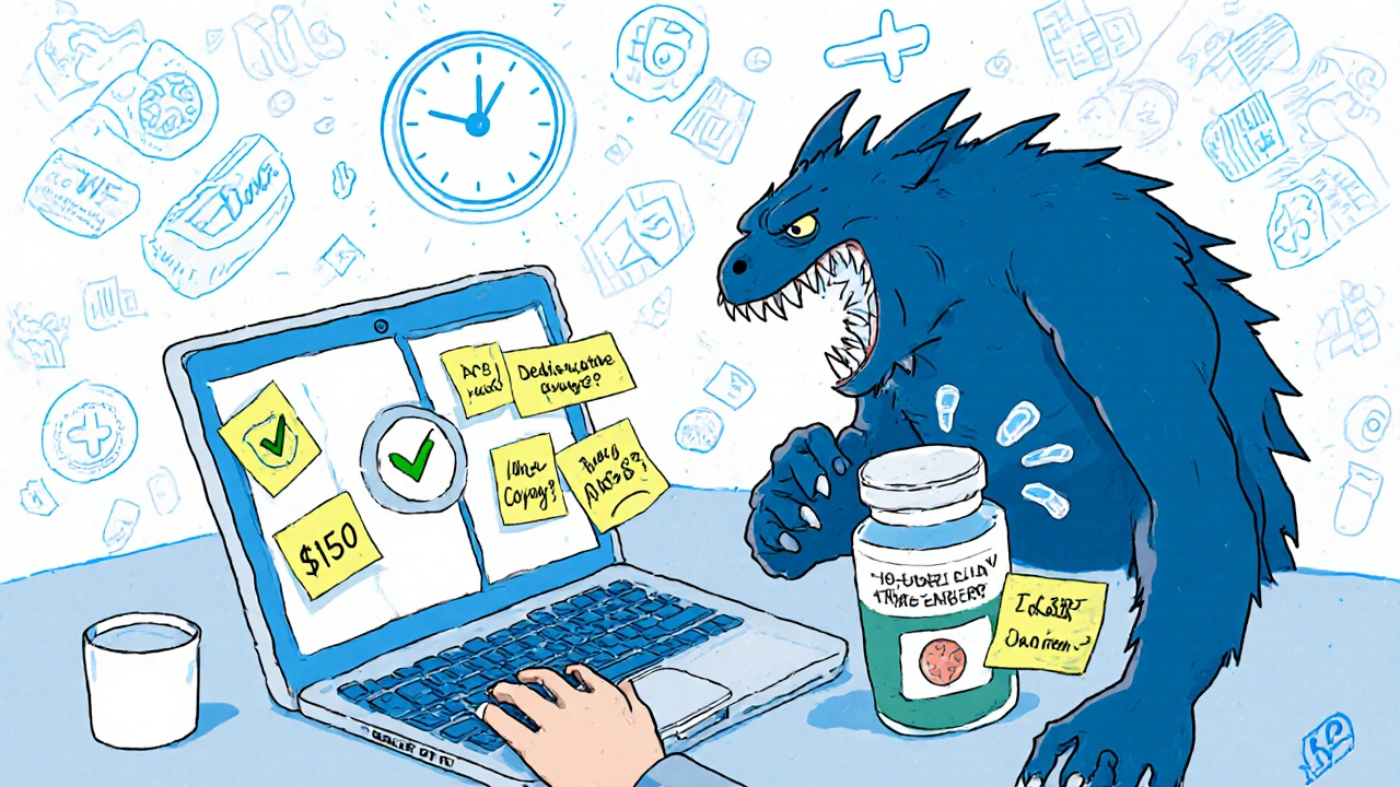 Person comparing insurance plans on laptop, one with low cost, the other with a monstrous drug price.