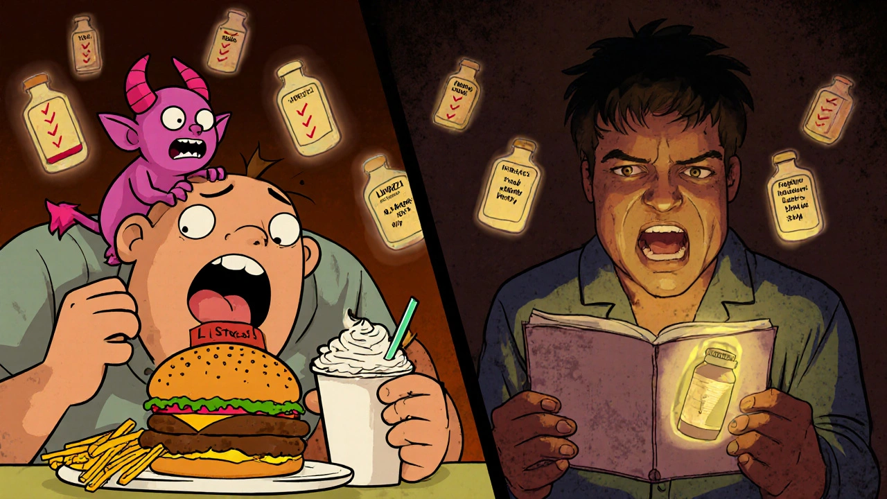 Person eating junk food vs. managing IBS with meds and food journal in split scene