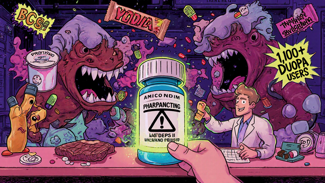 Pharmacist handing a pill with protein warning label as medications fight giant protein food monsters.