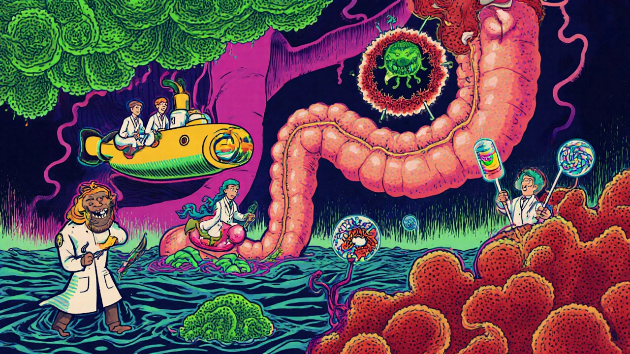 Scientists riding submarines in colorful gut microbiome battling IBS monster blobs