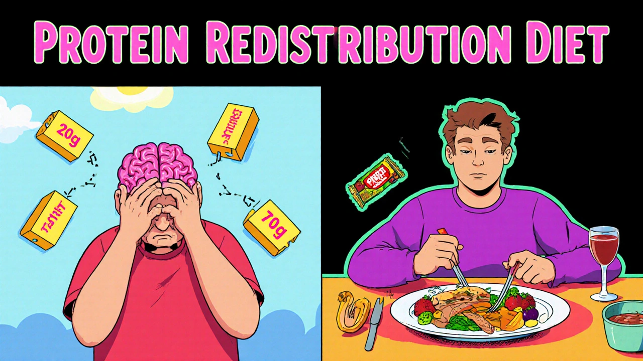 Split scene: person trembling with protein blocks blocking brain access vs. relaxed at dinner with concentrated protein.