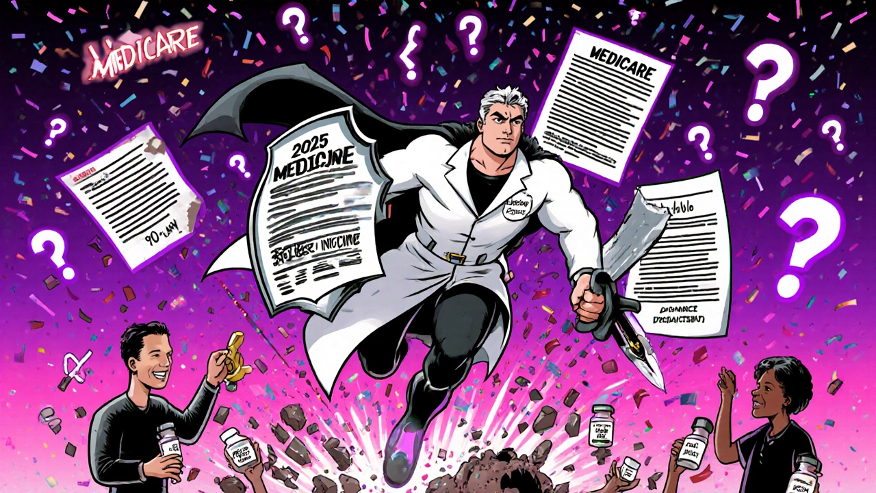 Superhero with Medicare 2025 shield defeats donut hole villain as patients celebrate with pill bottles.