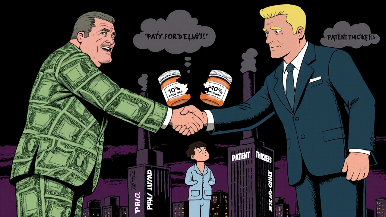 Two corporate CEOs celebrating over a broken third generic pill, patient watching helplessly.