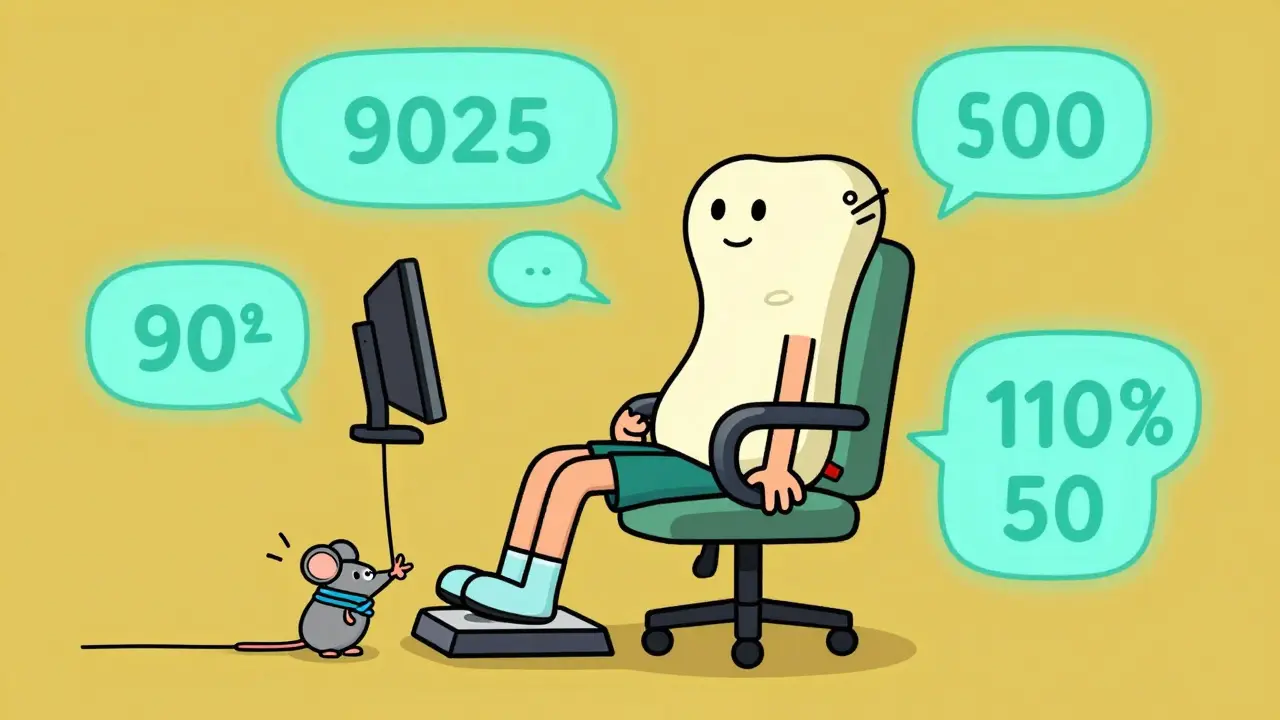 A character with a giant lumbar pillow sits correctly, adjusting a monitor with a rubber band pulley as health tips float around.