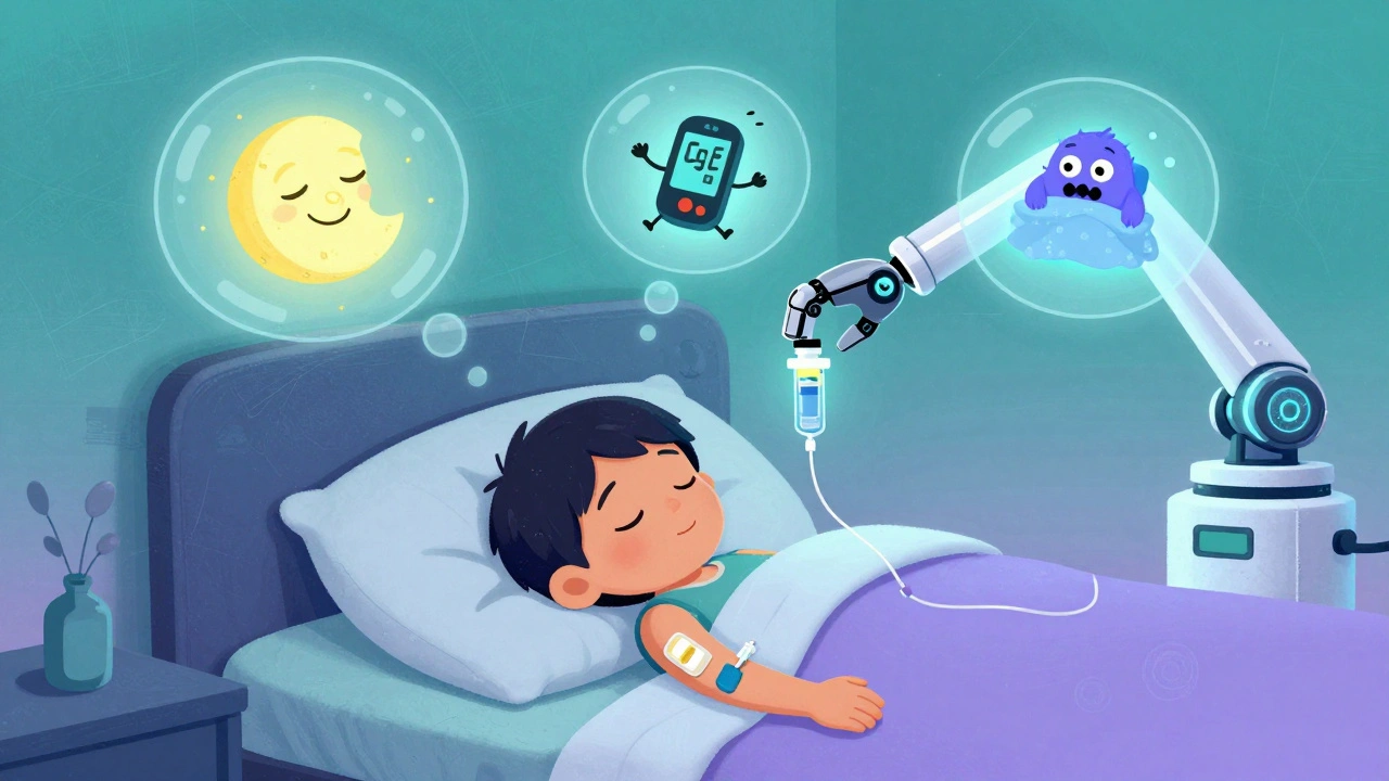 A child sleeps peacefully with a patch pump, watched over by a robotic arm adjusting insulin as cartoon monsters rest peacefully.