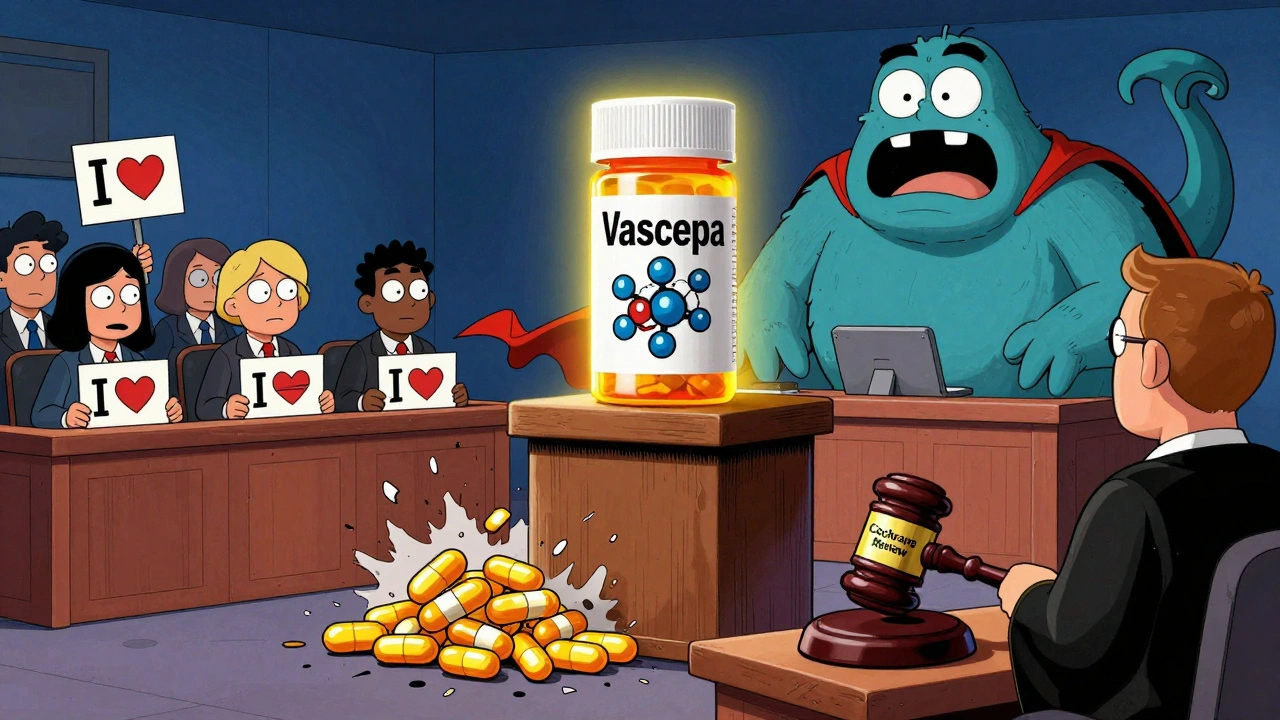 A courtroom where a superhero EPA molecule defends a prescription bottle against crumbling fish oil pills.