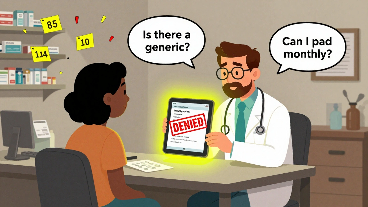 A doctor and patient reviewing insurance costs on a glowing tablet in a messy office.