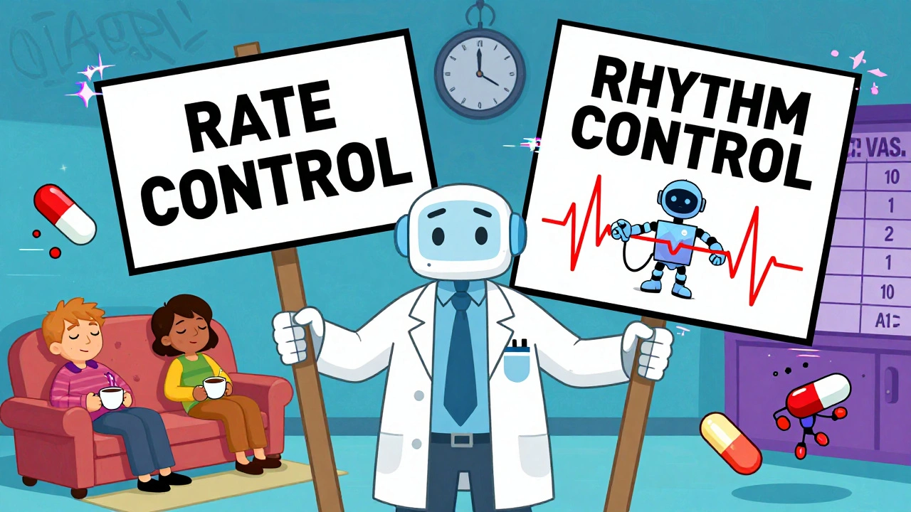 A doctor holding two signs for rate vs rhythm control, with pill superheroes and a CHA₂DS₂-VASc graffiti tag.
