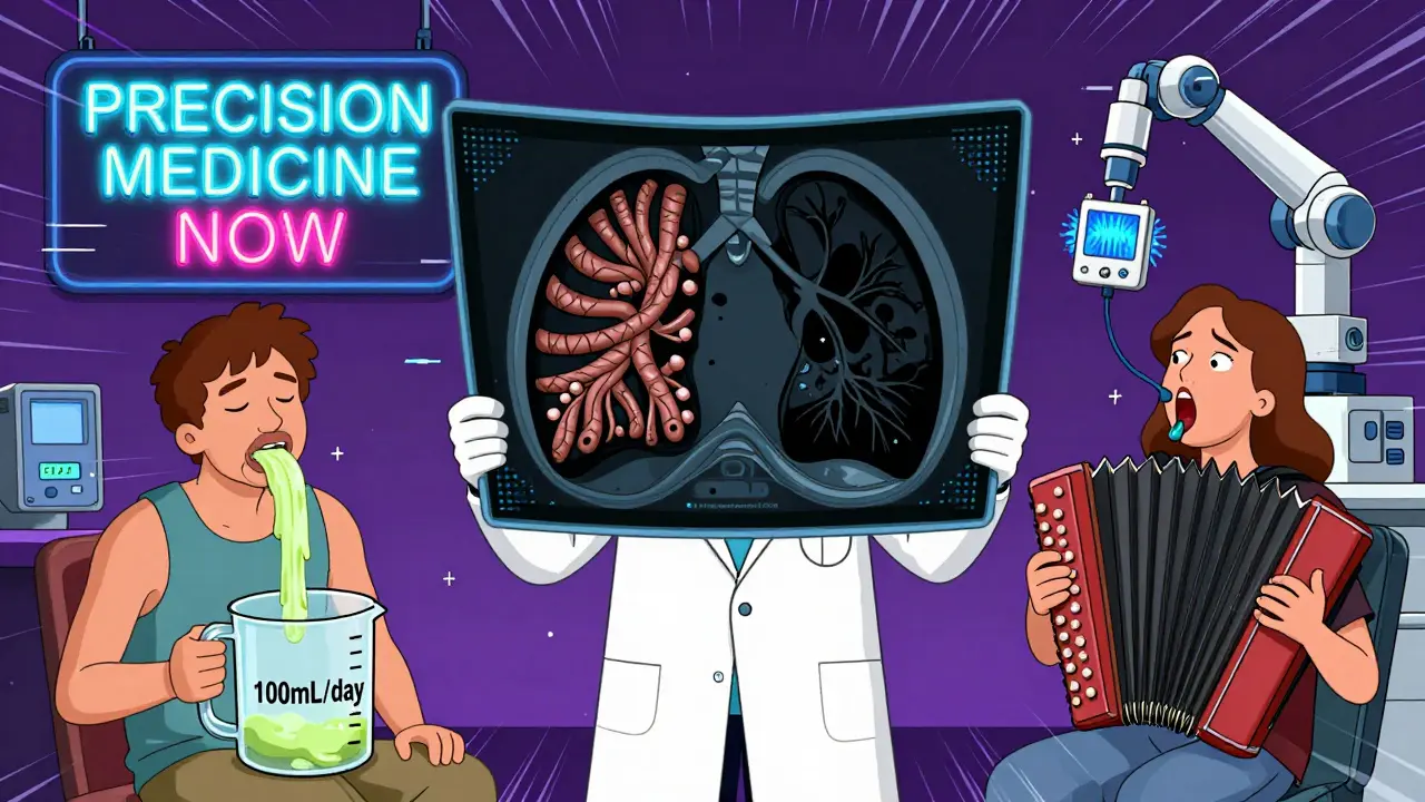 A doctor holds a split CT scan showing bronchitis and emphysema, flanked by two patients with exaggerated symptoms in chaotic cartoon style.