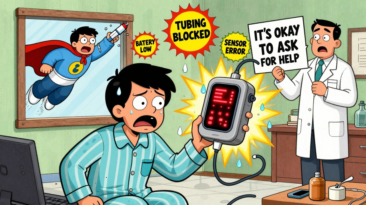 A frustrated person faces a screaming insulin pump covered in error alerts while a heroic insulin pen flies in to save the day.