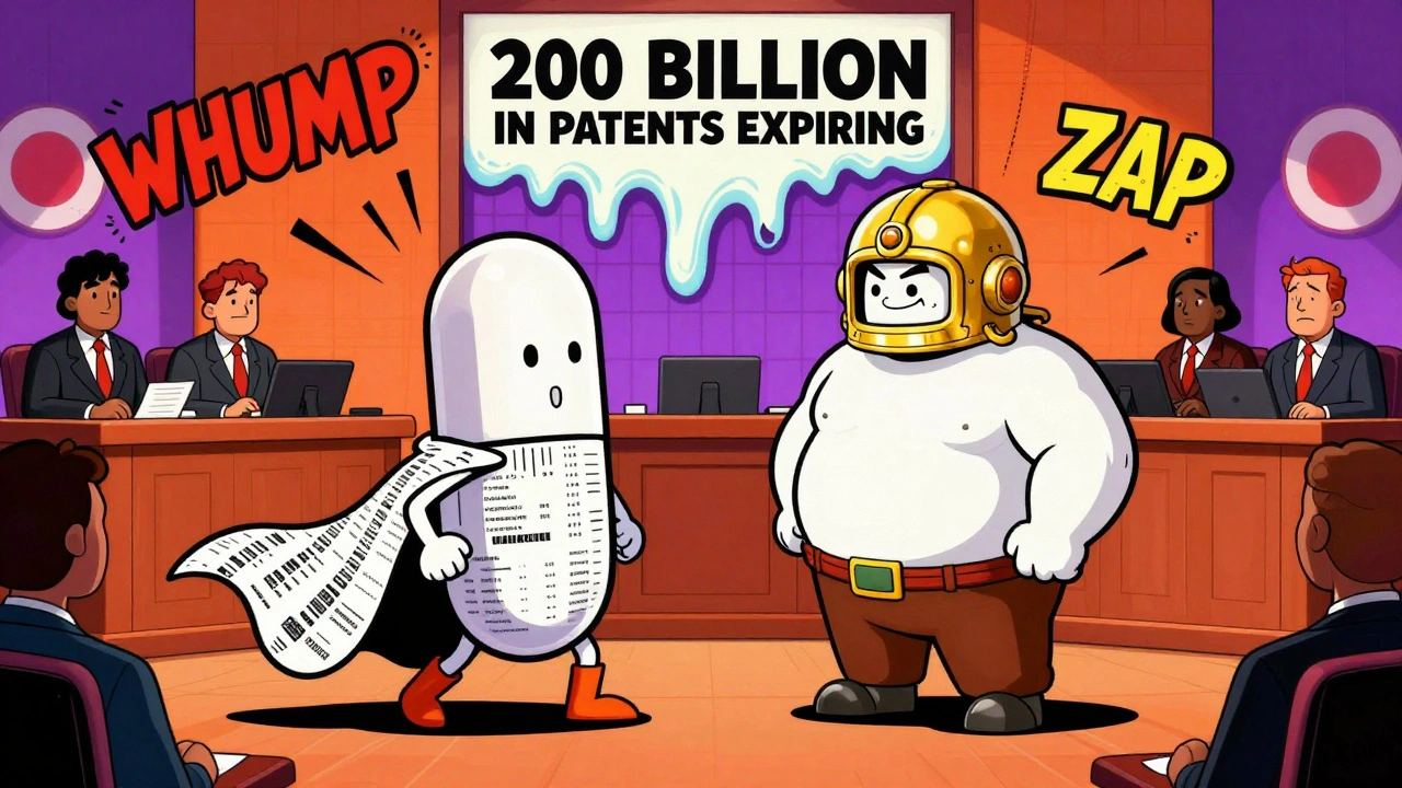 A generic pill on trial is defended by a biosimilar superhero against a brand-name drug villain in a surreal courtroom.