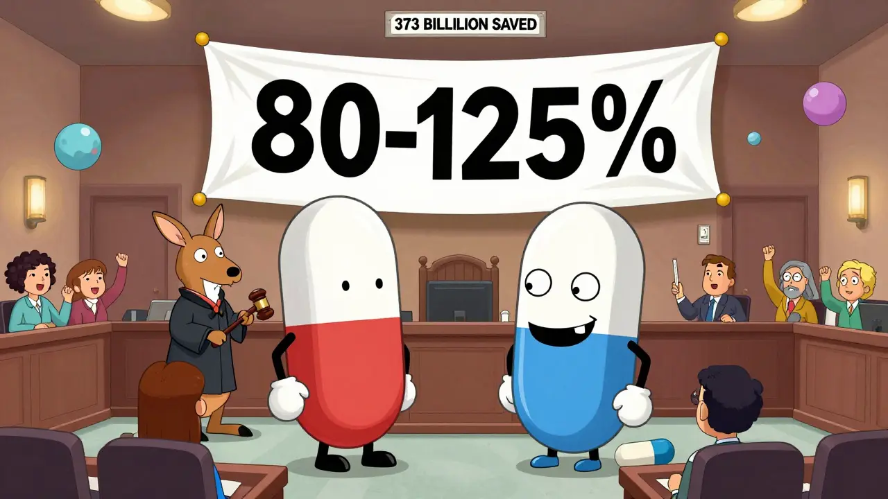 A giant generic pill stands trial beside a brand pill in a surreal courtroom with a kangaroo judge and a savings ticker.