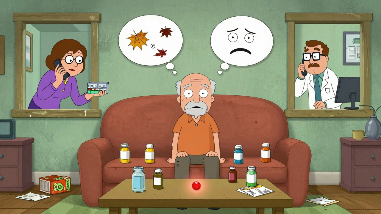 A lonely senior surrounded by empty pill bottles as a neighbor offers help through the window.