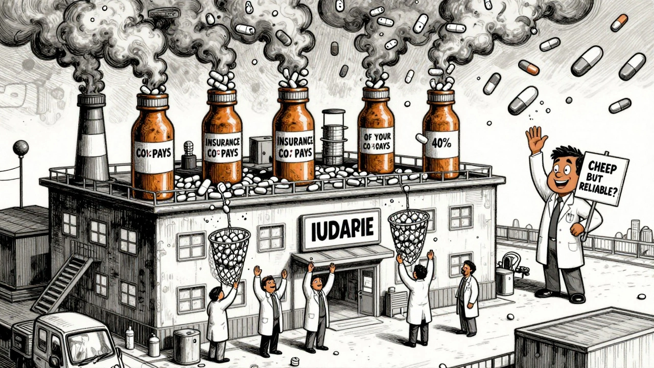 A massive Indian pharmacy factory rains generic pills onto a U.S. hospital, with doctors catching them in nets.