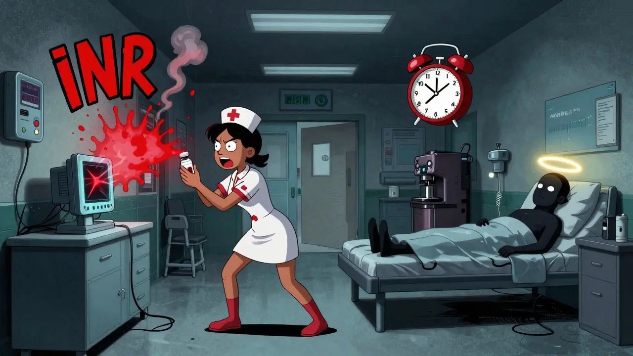 A nurse overwhelmed by chaotic hospital interruptions while mishandling a warfarin dose with rising red INR levels.