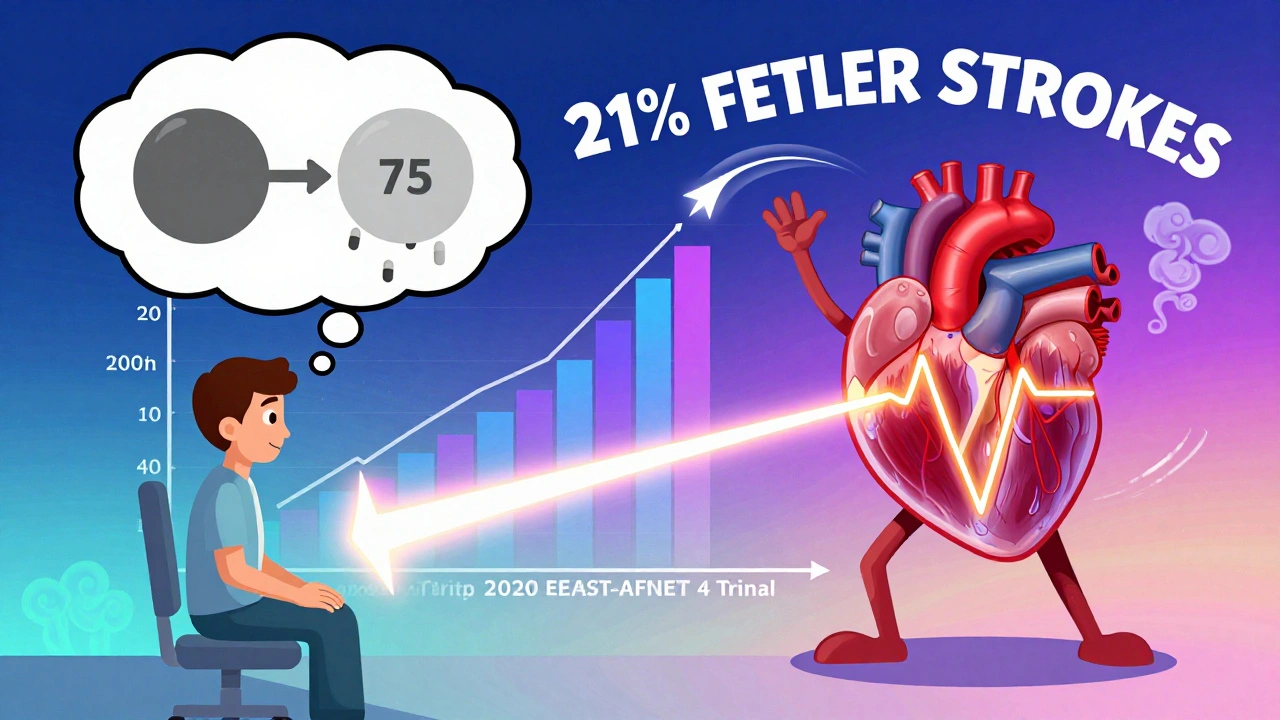 A patient choosing between dull rate control and vibrant rhythm control path, with a dancing trial graph.