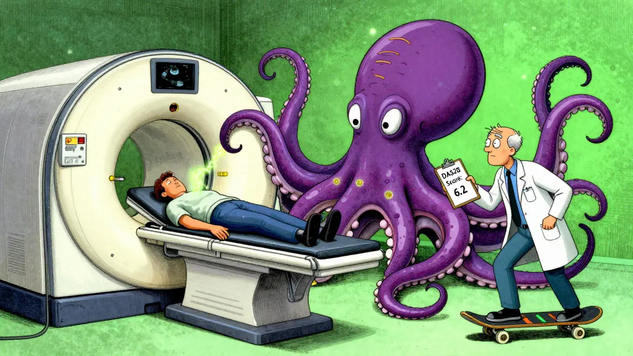 A patient in an MRI octopus machine is probed by ultrasound and PET tentacles, with a doctor on a skateboard of ESR results.