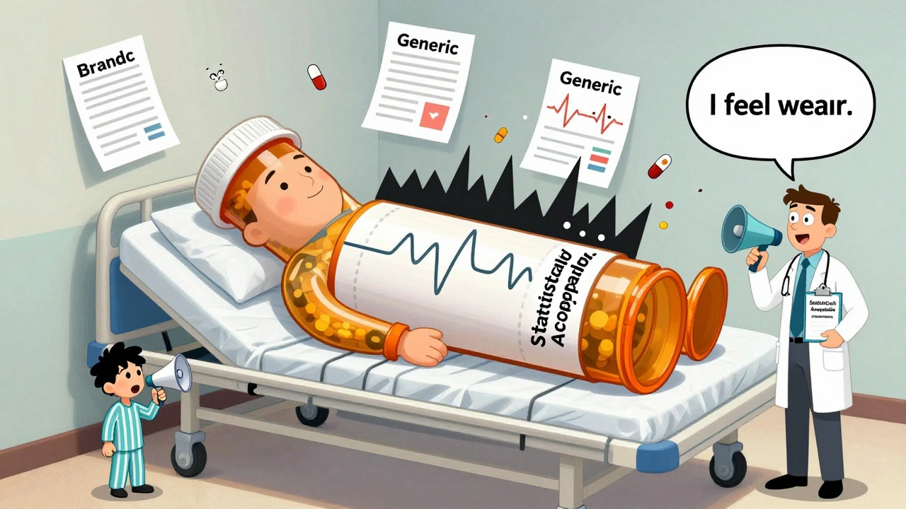 A patient on a pill bed with contrasting EKG waves, one calm, one chaotic, as a doctor shrugs beside them.