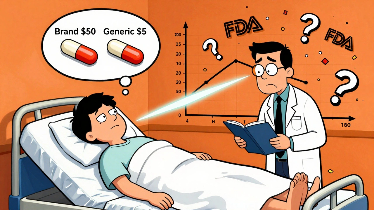 A patient’s bloodstream shown with identical laser beams from brand and generic pills, monitored by a floating FDA logo.