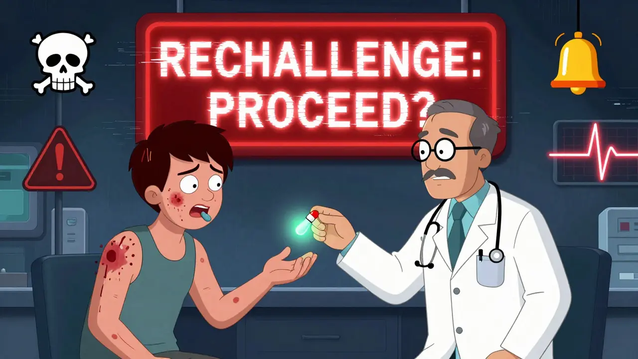 A patient swallows a pill and instantly develops the same rash again, with warning symbols flashing around them.