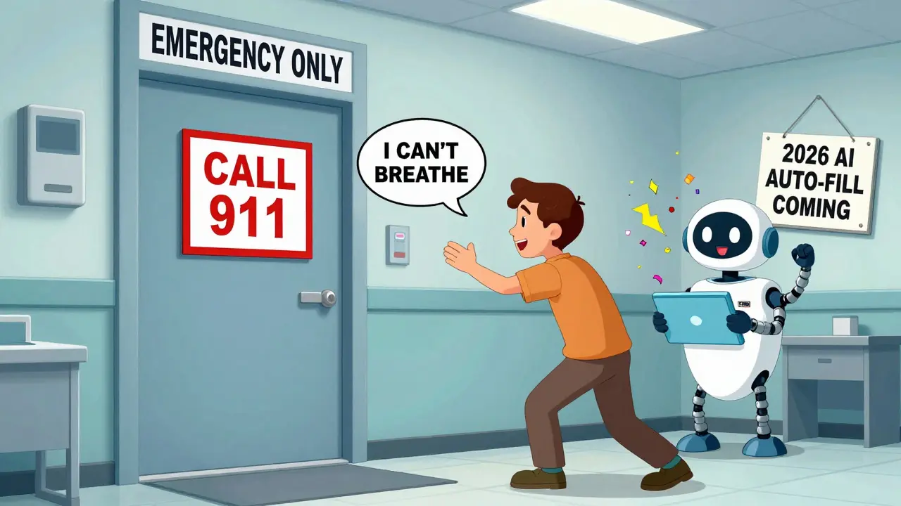 A patient trying to send an emergency message through secure messaging, but a warning blocks them as prescriptions auto-renew behind.