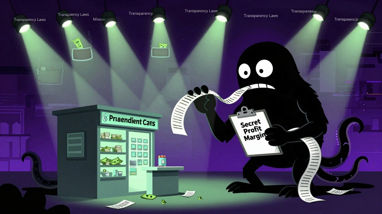 A PBM monster drains cash from a pharmacy while states shine transparency lights on it.