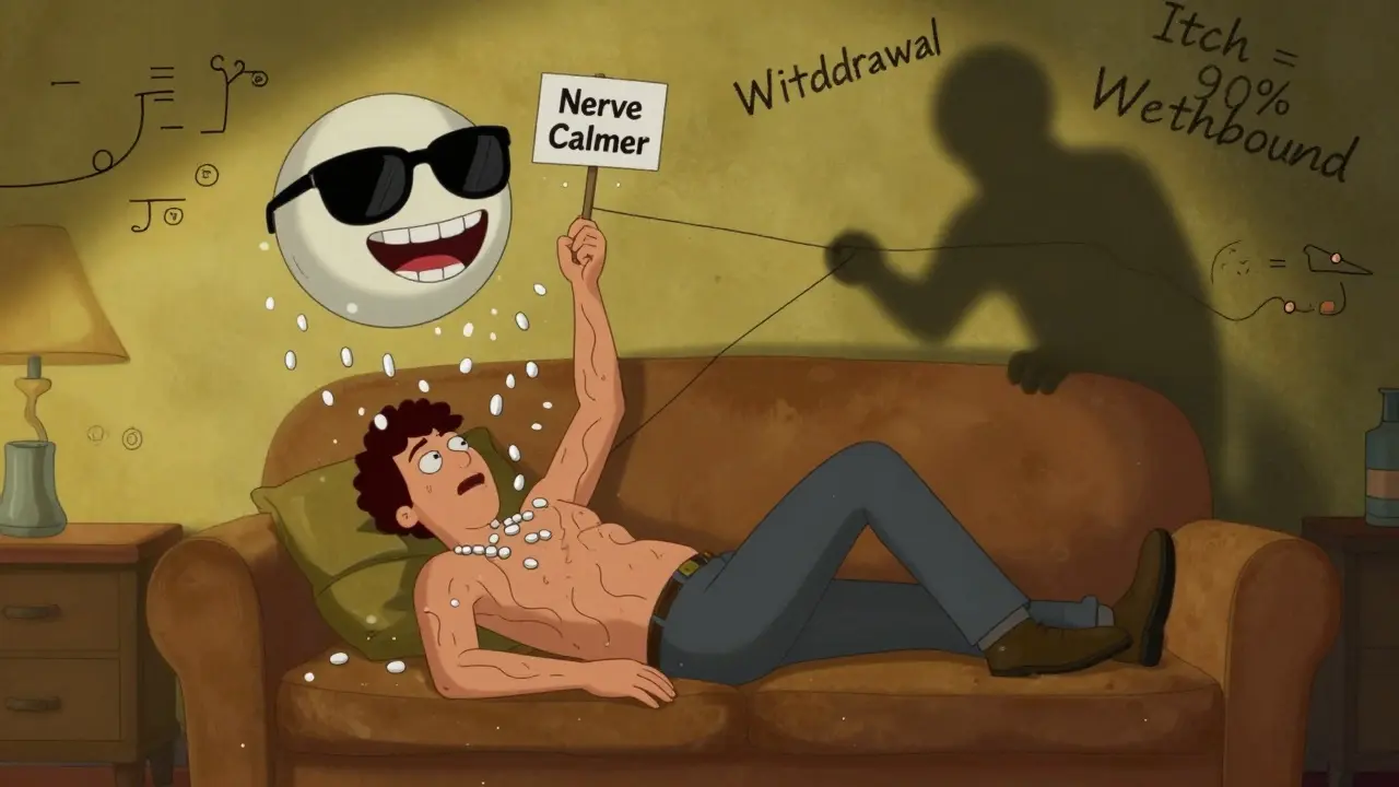 A person on a couch as antihistamine pills rain down, while a sunglasses-wearing pill calms their itchy nerves.