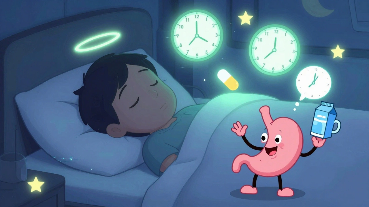 A person sleeping as a glowing pill hovers above them, with clocks and fleeing food items indicating bedtime dosing.
