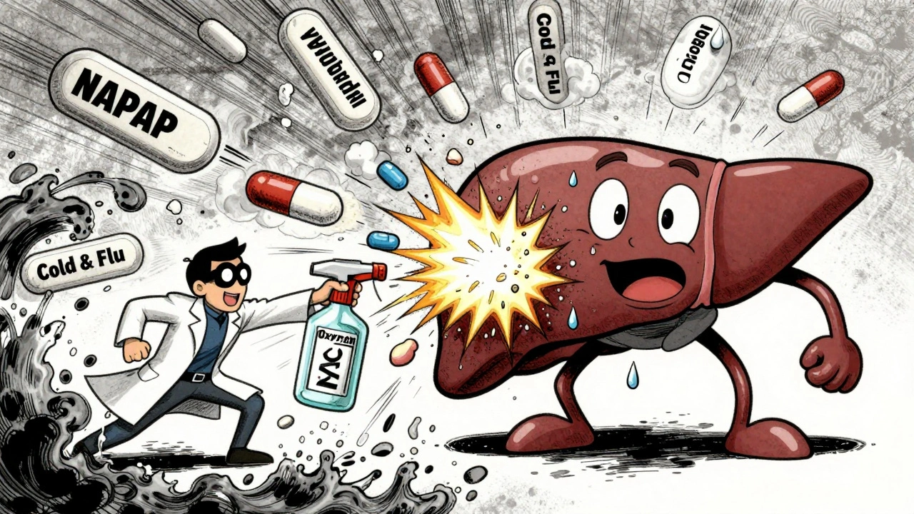 A personified liver under attack by pills, with a tiny hero trying to neutralize toxic smoke.