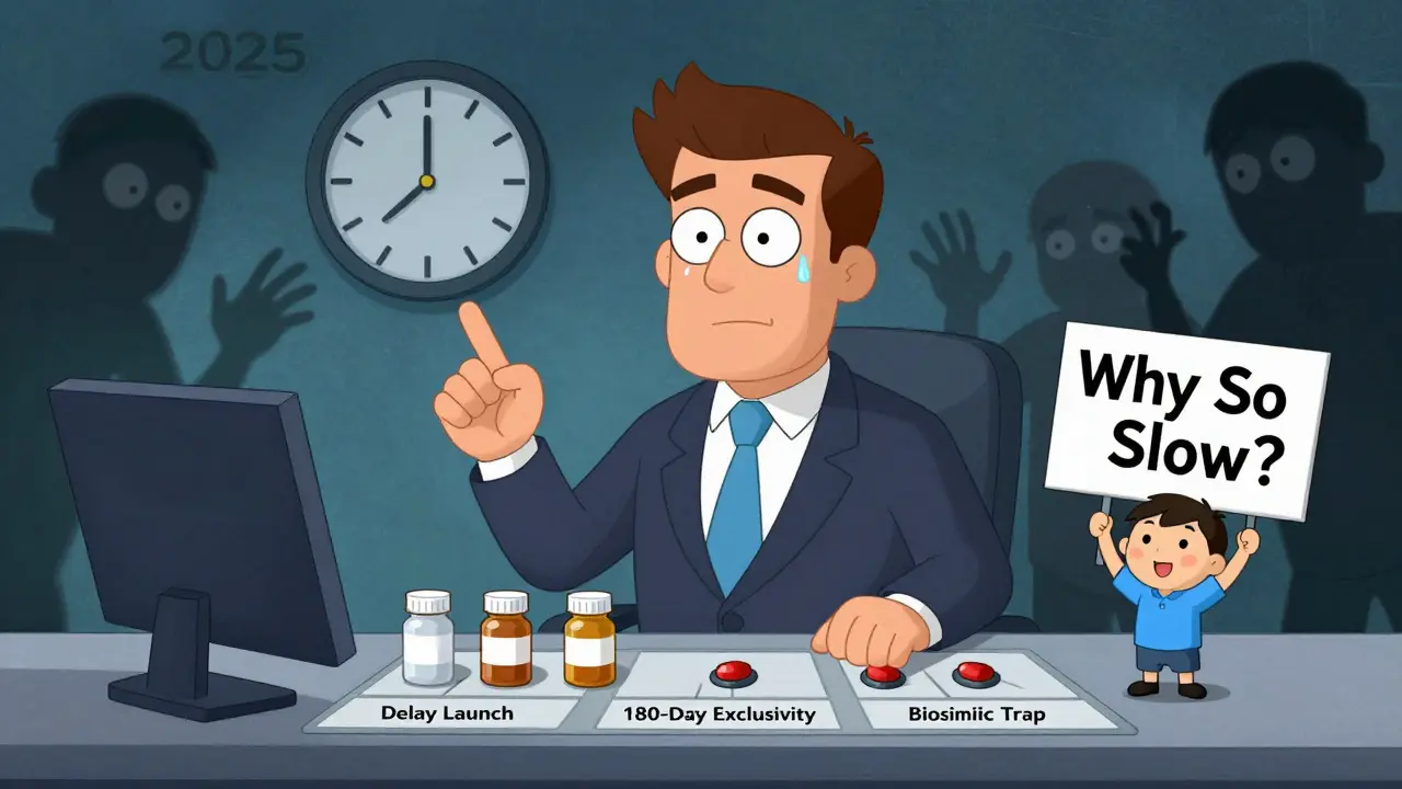 A pharmaceutical CEO at a control panel manipulating generic launch timers while biosimilars approach.