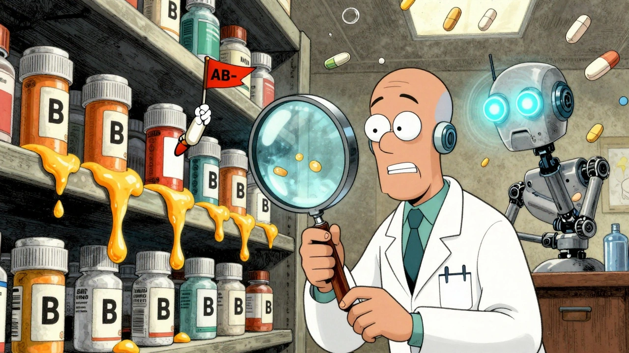 A pharmacist examining complex drugs with B ratings melting away, while one AB-rated pill escapes with a tiny flag.