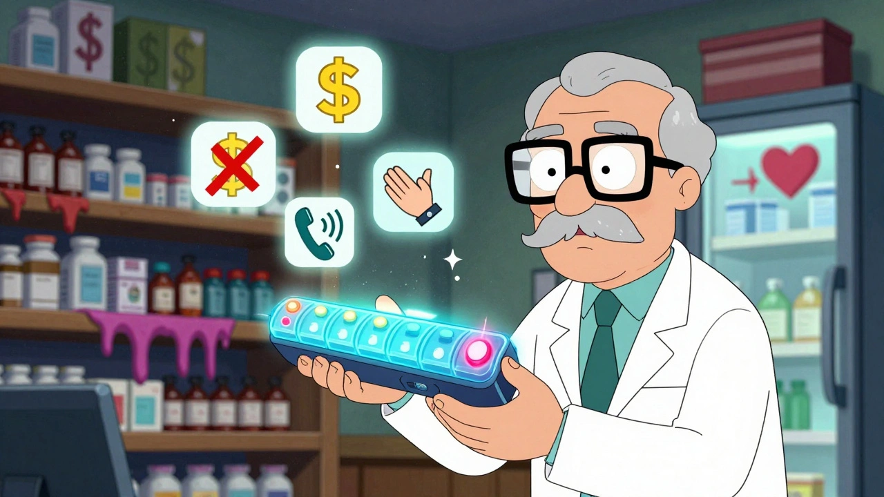 A pharmacist giving a senior a glowing pill organizer with floating icons representing cost, isolation, and reminders.