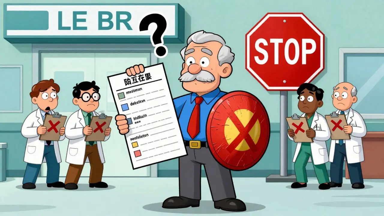 A senior holding a medication list like a shield in front of confused doctors at an ER entrance, with a glowing STOP sign.