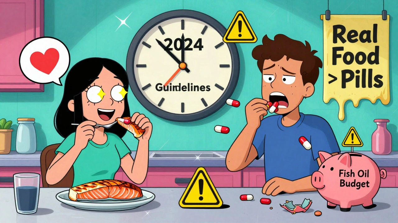 A split kitchen scene showing someone eating salmon happily versus another person struggling with dozens of pills.