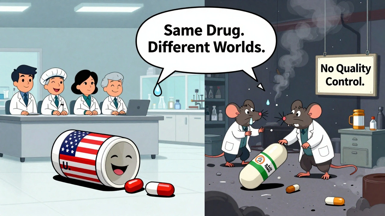 A split-screen of two pill factories—one clean and orderly, the other chaotic—with a balloon saying &#039;Same Drug. Different Worlds.&#039;