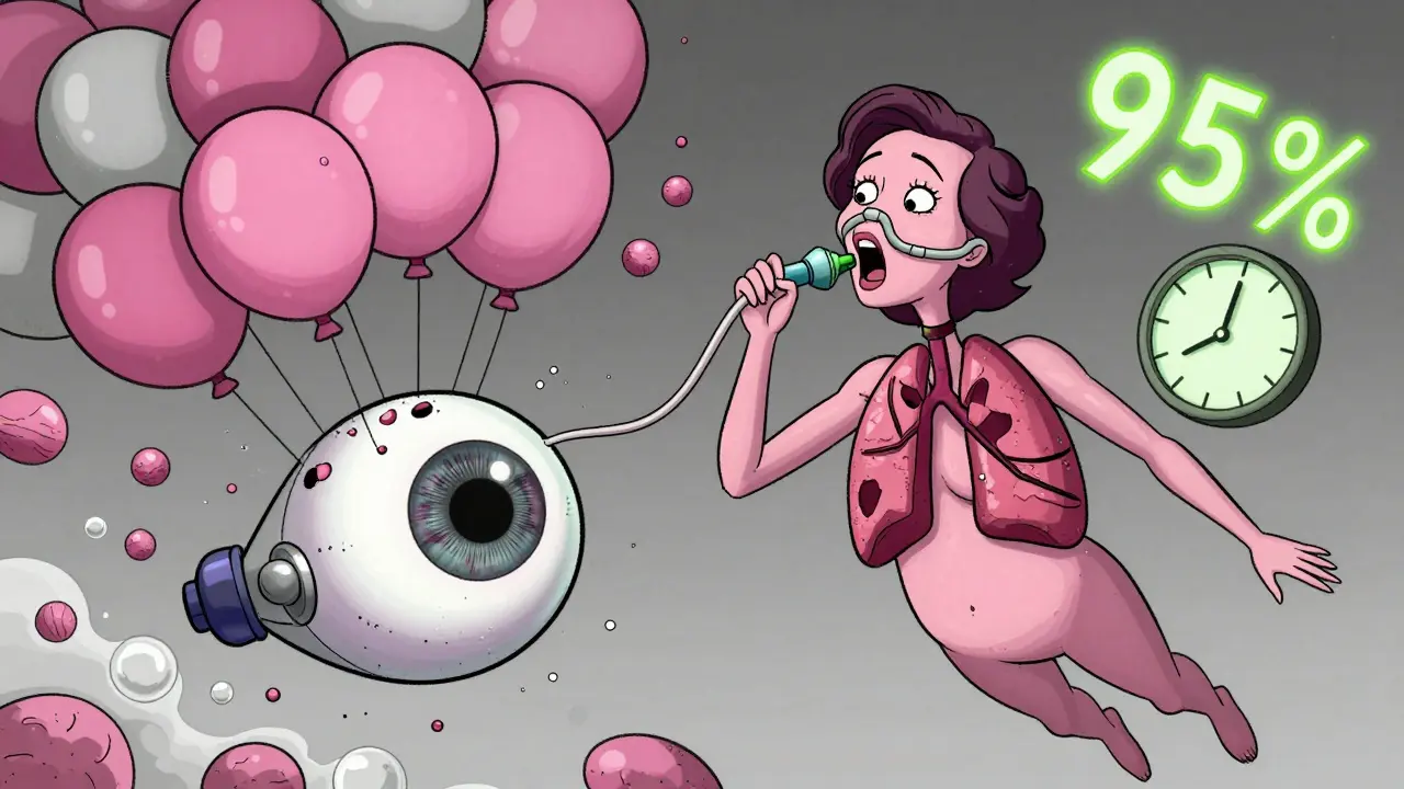 A thin woman with oxygen tubing and crumbling lung balloons, gasping with exaggerated breathing techniques in a pink-and-gray cartoon.
