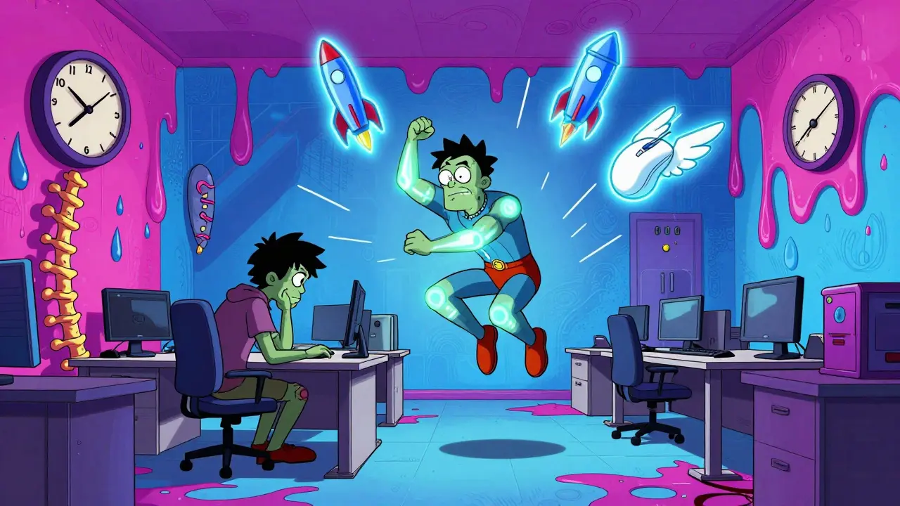 A transformed worker turns into a joint-powered superhero mid-squat at a standing desk, surrounded by floating microbreak icons.