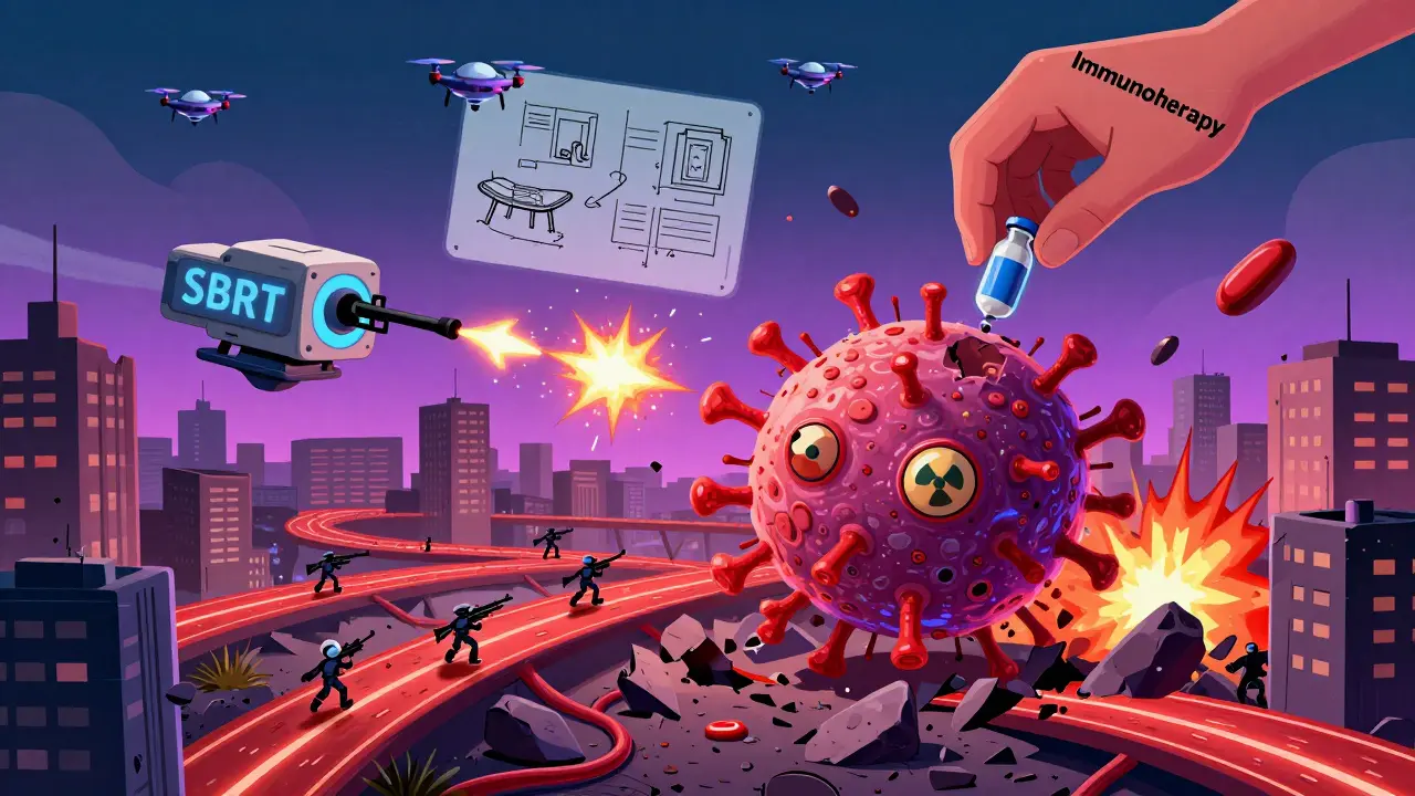 A tumor city with collapsing blood vessels, radiation snipers, and AI drones dropping immune vaccines.