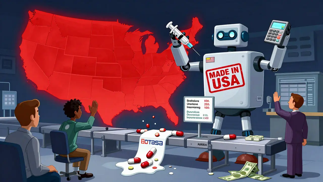 A U.S. map lit with authorized generic zones as an FDA robot stamps 'MADE IN USA' on pills.