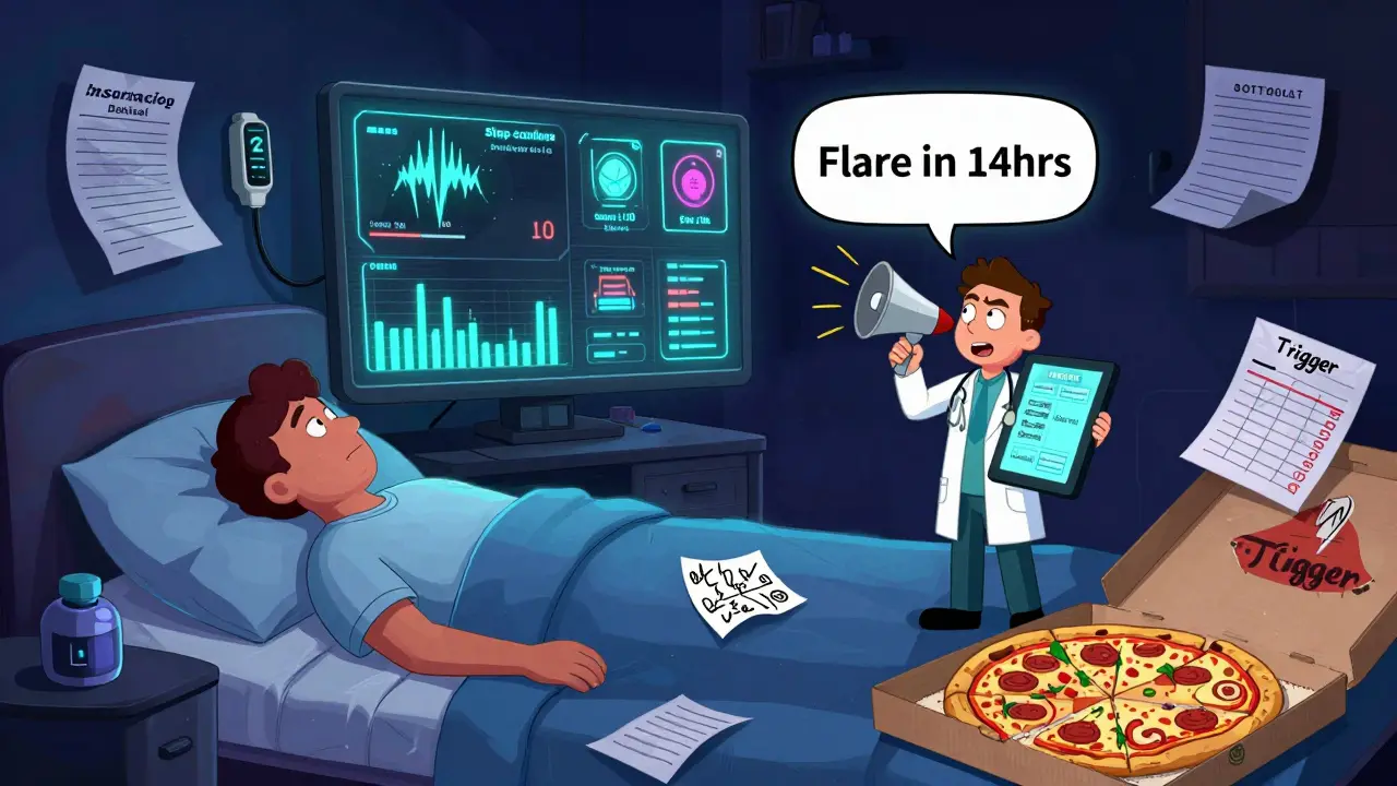A wearable dashboard warns of an upcoming flare, surrounded by medical journals, insurance papers, and a pizza labeled 'trigger'.
