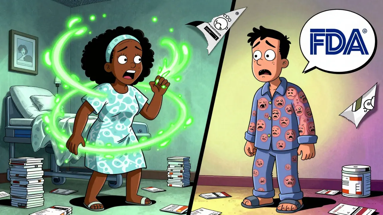 A woman and man depicted in split screen, each affected by different drug-induced itching with glowing particles and screaming skin faces.