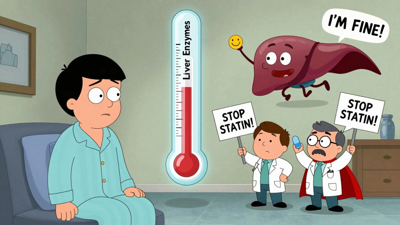 Confused patient stares at rising liver enzyme thermometer while two doctors argue over statin use.